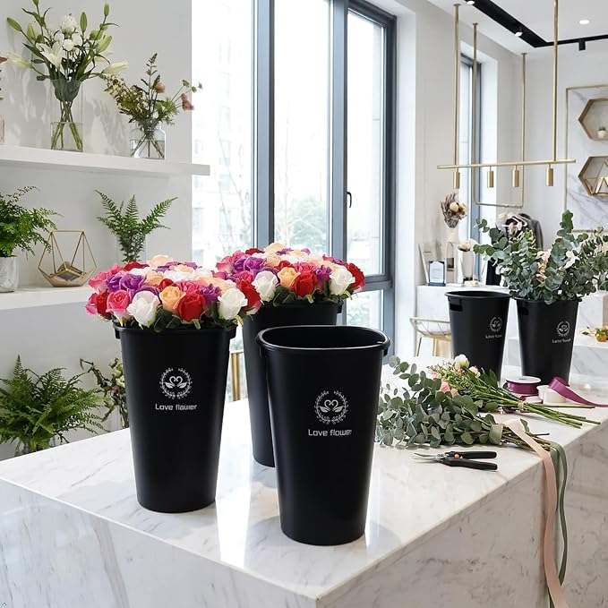 Teyyvn 4-Pack 15.75 Inch Plastic Floral Bucket, Flower Buckets, Black | Durable plastic flower pail, deep design for fresh cut flower hydration