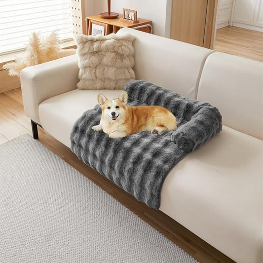 Calming Dog Bed Mat, Fluffy Fuzzy Couch Cover for Sofa, Winter Thickened Pet Mat with Anti-Slip Bottom Warm Soft Cushion Washable Pet Bed for Small Dogs and Cats (Gray, 75x75cm/29.5x29.5in)