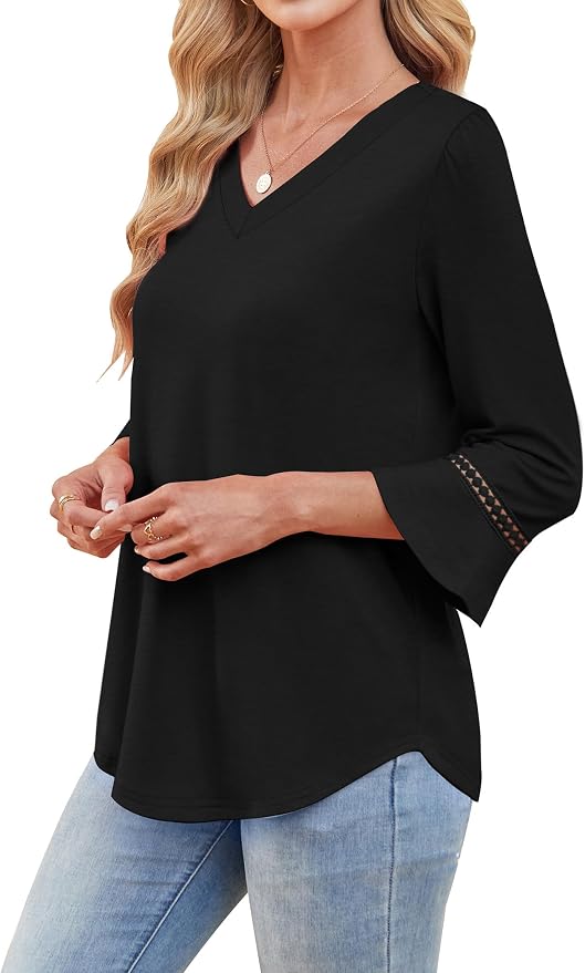 WIHOLL Womens Blouses Dressy Casual 3/4 Length Sleeve Tops Lace Trendy 2026 Spring Summer V Neck Shirts Vacation Outfits