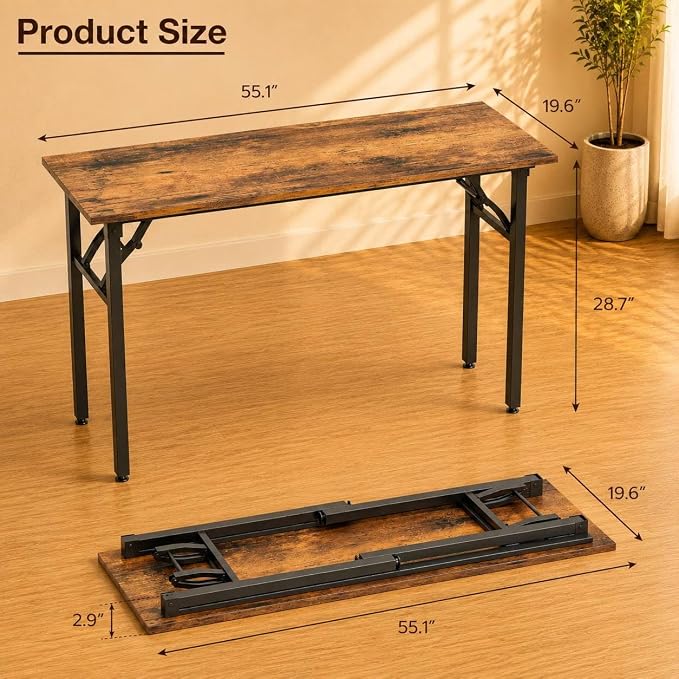 Folding Table Computer Desk - 55.1" No Assembly Folding Desk Design and Foldable Office Desk, Small Desk for Bedroom, Compact Storage Portable Use for Dorm and RV Small Space, Rustic Brown