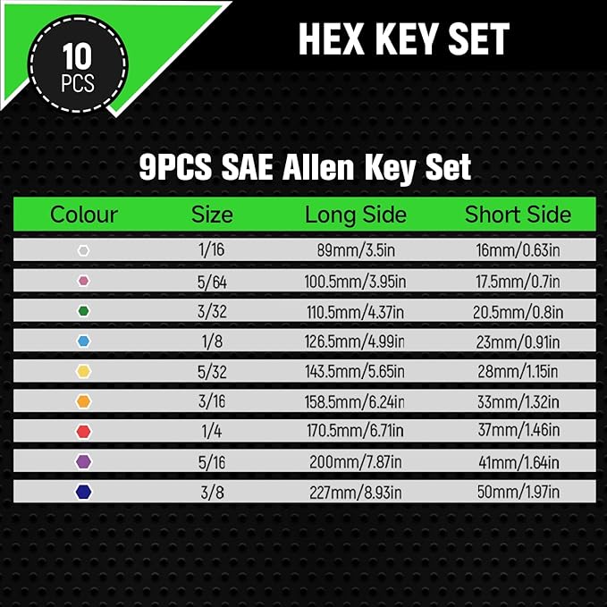 Allen Wrenches Sets, 9pcs Allen Key Set with Ball End & T Handle, Long Arm Hex Key Set SAE(1/16"-3/8") Durable CR-V Steel, Color-Coded for Easy Selection, Ideal for Repair & Assembly
