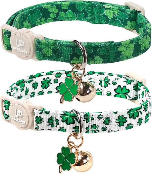 Cat Collar,2Pack St.Patrick's Day Cat Collars Cute Breakaway Kitty Collars,Spring Green Shamrock Cat Collar with Bell, Lucky Clover Kitten Collars with Safety Buckle for Girl & Boy Cats