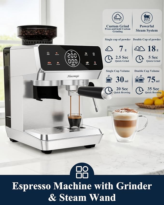 CM1620 Espresso Machine with Built-in Burr Grinder, 20 Bar Bean-to-Cup Espresso Maker with 44 Grind Settings & Steam Wand, Touchscreen Coffee Machine for Latte, Cappuccino