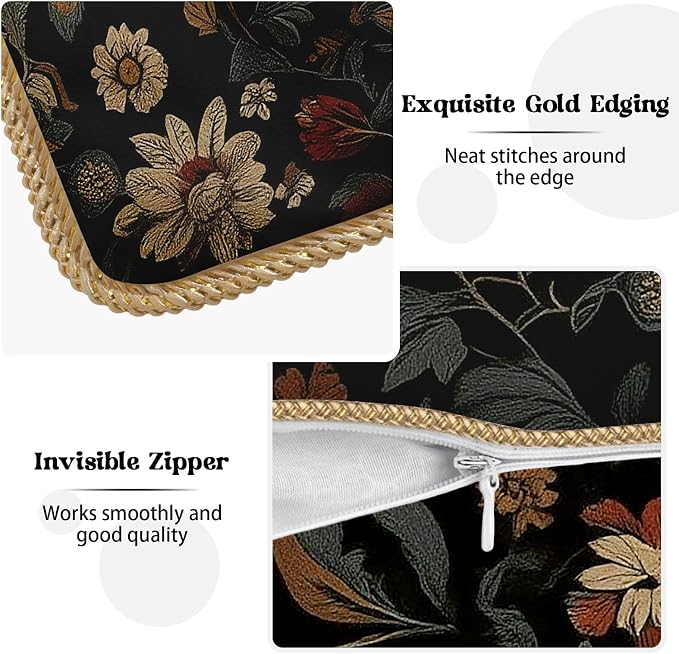 Black Boho Vintage Flowers Velvet Pillow Covers 18x18 Inch Retro Art Brown Floral Throw Pillows for Couch Cushion Covers Pillowcase Farmhouse Bohemian Pillow Cases for Sofa Bed Bedroom