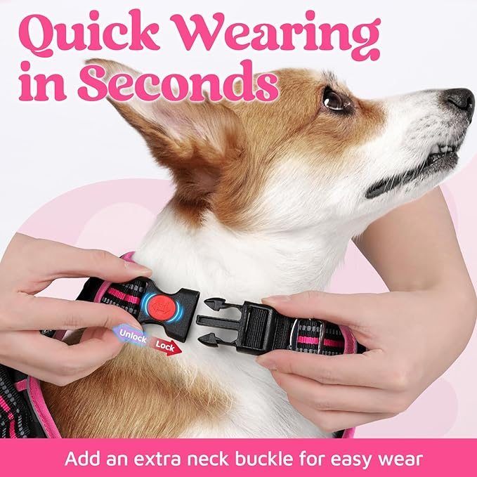 rabbitgoo Dog Harness Small Sized, No Pull Dog Vest with 3 Buckles, Adjustable Soft Padded Pet Harness with Easy Control Handle and Reflective Strips, Black & Rose Pink, S