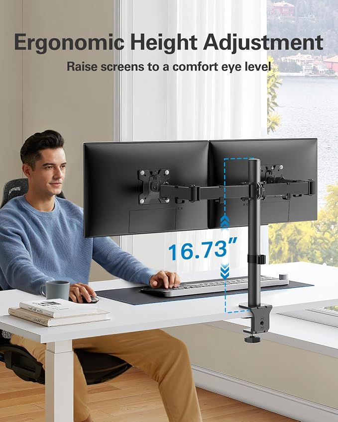 HUANUO Dual Monitor Mount for 13-32 Inch Screens, 17.6 lbs per Arm | Dual screen setup, tilt, swivel, rotation, 16.3 inch pole, cable clips, C-clamp or grommet, VESA 75x75/100x100mm