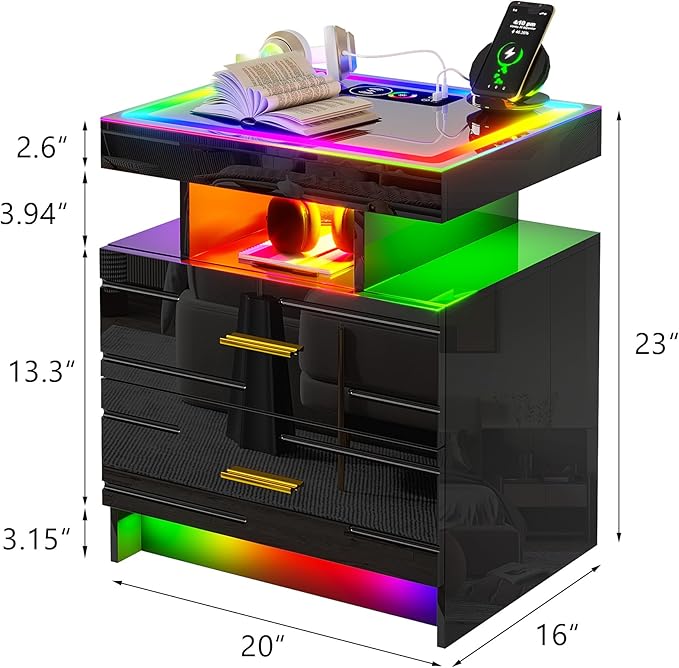 HNEBC LED Nightstand Set of 2 with Charging Station, High Gloss Nightstands Set 2 with Drawer and RGB Dynamic Lighting, Smartt Bedside Table for Bedroom/Living Room (Black)