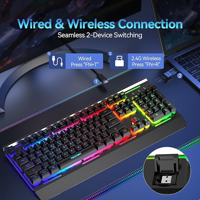 TECKNET Wireless Gaming Keyboard, 4000mAh Rechargeable Keyboard | 2-in-1 (2.4G Wireless & Wired) Connection, 15-Zone RGB Backlit, Whisper Quiet Design, 25 Anti-ghosting Keys, Metal Panel