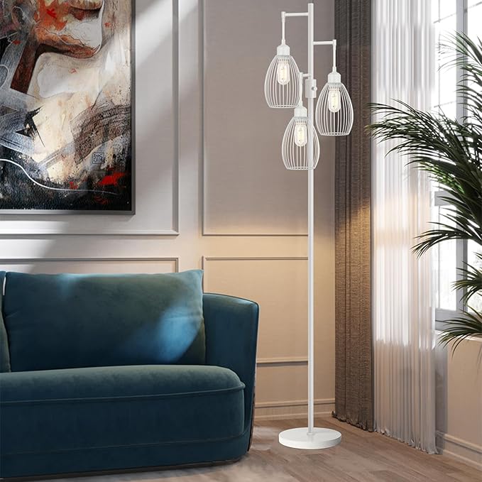 Dimmable Floor Lamp, 3 x 800LM LED Edison Bulbs Included, Farmhouse Industrial Floor Lamp Standing Lamp with Elegant Teardrop Cage Head Tall Lamp for Living Room Bedroom Office Dining Room - White