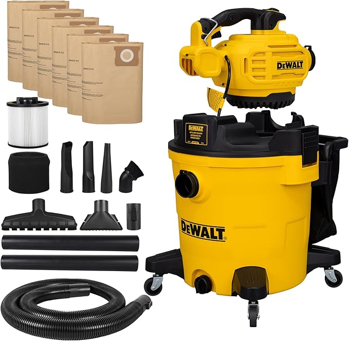 DEWALT 12 Gal Shop Vac, 5.5 HP Wet Dry Vac with Detachable Blower, High-Capacity Cleaner for Garage, Car, Workshop & Outdoor Leaves, All-in-1 DXV212PA (Reusable Bag)