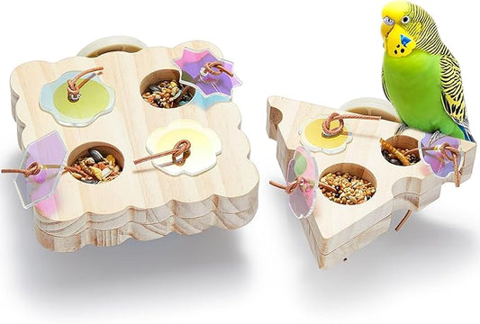 2Pcs Wooden Small Bird Foraging Toys, Interactive Parakeet Foraging Toys for Cage, Bird Enrichment Toys for Conure Slow Feeder, Budgie Cage Toy Puzzle, Parrot Toys for Small Sized Birds