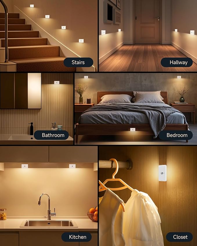 Yiliaw 6-Pack Rechargeable Motion Sensor Stair Lights White, Dimmable Night Lights with 3 Modes & 3 Color Temperatures, Magnetic, Stick-On Stair Lights Indoor for Hallway, Stairway, Bathroom, Kitchen