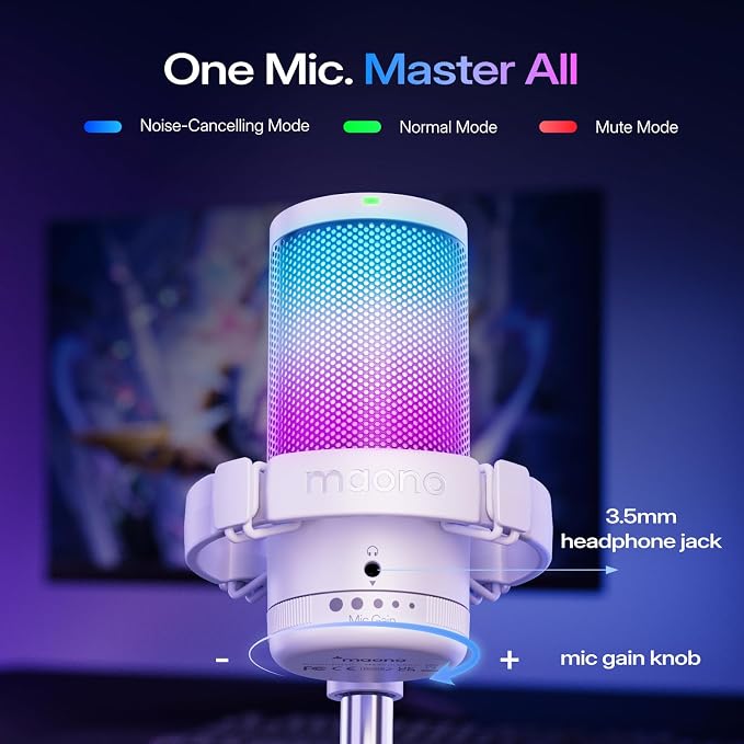 MAONO DGM20S USB Microphone for PC with Clear Voice & Noise Reduction | RGB Lighting, Tap-to-Mute, Gain Control, Monitoring and Boom Arm for Discord Gaming, Streaming, Content Creation.White
