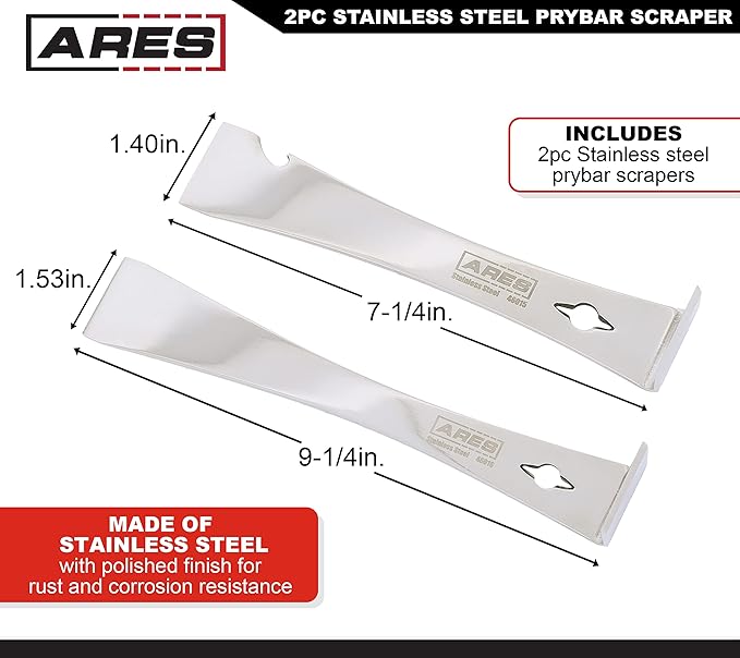 ARES 46018-2-Piece Stainless Steel Prybar Scraper Set - Ultra Sharp Scrapers Remove Residue from Steel, Aluminum, and More - Prybar Ends Offer Extra Leverage - Built-In Nail Puller and Bottle Opener