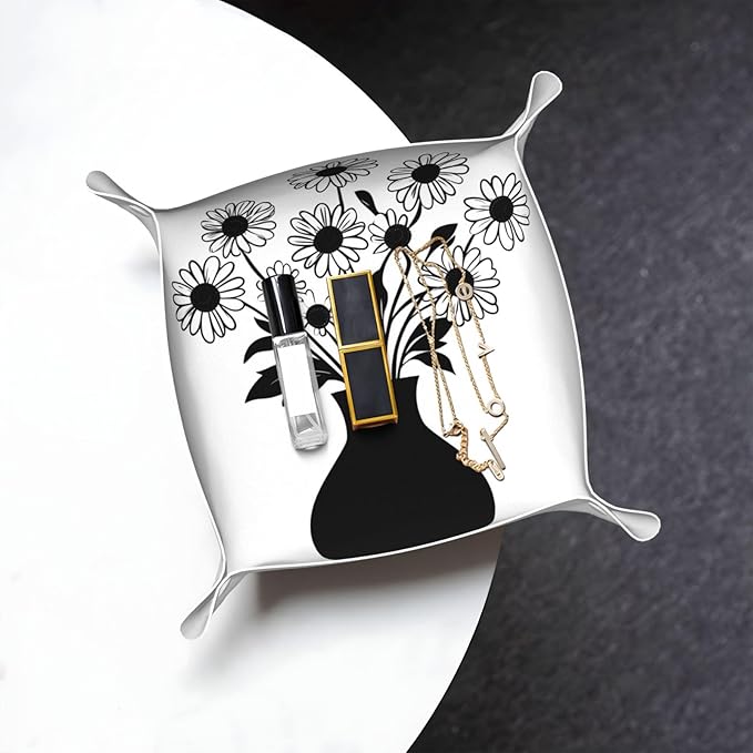 Vase of Daisies Simple Black Minimal Valet Tray Leather Desktop Storage Organizer Bedside for Jewelry Keys Coin Candy Sundries