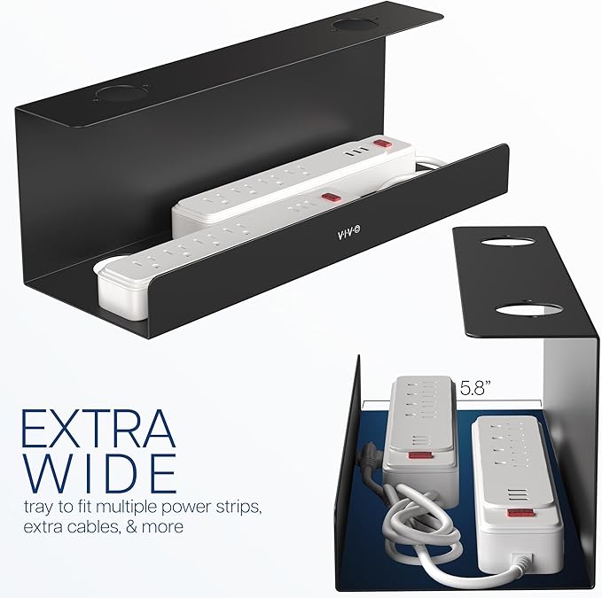 VIVO Under Desk 17 inch Extra Deep Cable Management Trays, Power Strip Holders, Cord Organizers, Wire Tamers for Office and Home, Black, 2 Pack, DESK-AC16-2C