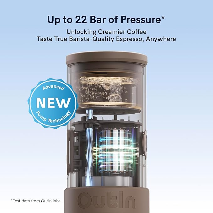 OutIn Mino Portable Electric Espresso Machine for Travel with Self-Heating | Mini Camping Coffee Maker, Pocket-Sized Coffee Machine, Ground Coffee & NS Capsule Adapter for Adventure, Sandstone White