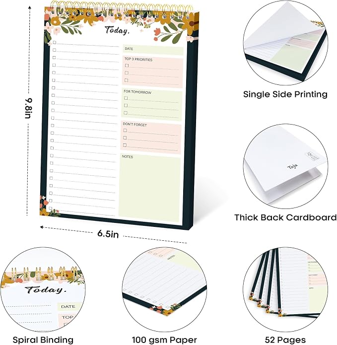 Taja To Do List Notepad, Undated Daily Planner for Work and Goal Setting | Rustic Floral, 52 Sheets, 9.8" x 6.5" , for Office, Home and school, Daily Task Planning, Notes and Everyday Organization