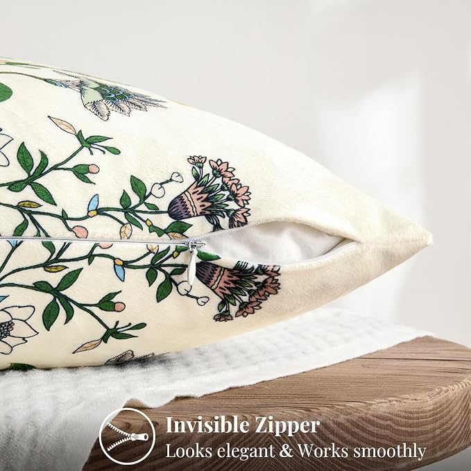 MUSSEL Ivory White Velvet Floral Decorative 20x20 Pillow Covers Set of 2 | Durable Sturdy,Botanical Printed Pattern,Throw Pillows Case,Square,Colorful Mid Century Cushion Covers,Sofa Couch Decor