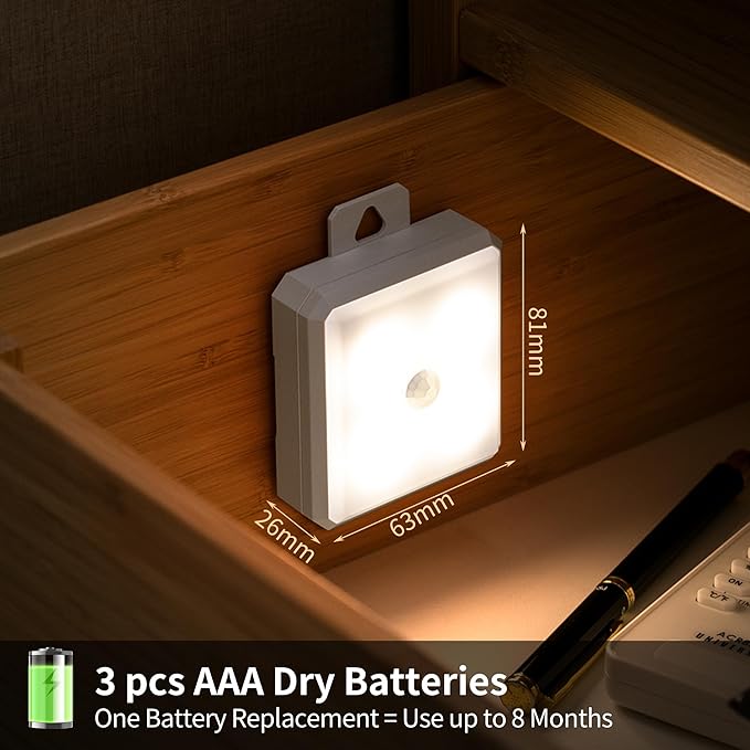 Motion Sensor Night Light Indoor - Cordless Battery Powered Under Cabinet Lighting, Stick-on Magnet LED Closet Lights, Safe Light for Stairs, 4000K Nightlight 3-Pack (Yellow)