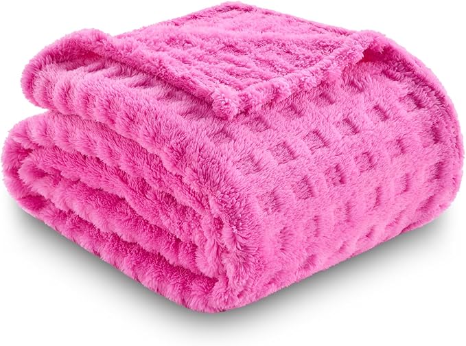 NEWCOSPLAY 3D Waffle Checkered Flannel Throw Blanket, Hot Pink, 50"x70" | Super Soft Cute Lightweight Decorative Premium Silky Fleece Blanket for Couch Sofa Bed, Gift for Women Men, All Season Use