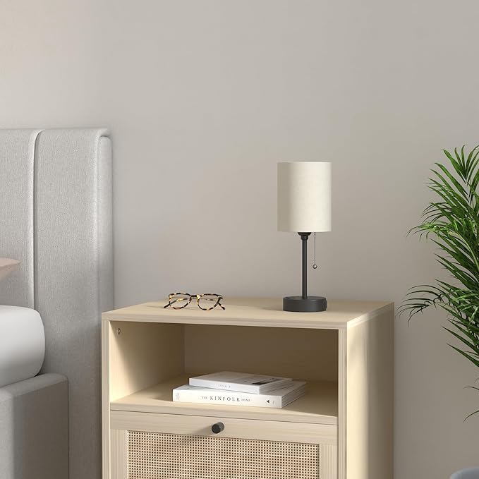 Beige Small Lamps 3 Levels Brightness - 3000K 4000K 5000K Bedside Lamps with USB C and A Ports, Pull Chain Table Lamps with AC Outlet, Nightstand Lamps with Black Metal Base for Bedroom Kids Reading