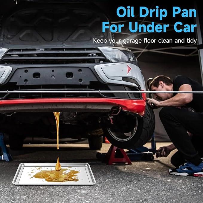 2Pcs Stainless Steel Oil Drip Pan for Under Car, 24 x 16 x 1.9 Inch Metal Oil Drain Pan for Oil Change, Automotive Large Drip Tray Oil Catch Pan Replacement Tray to Keep Garage Floor Clean