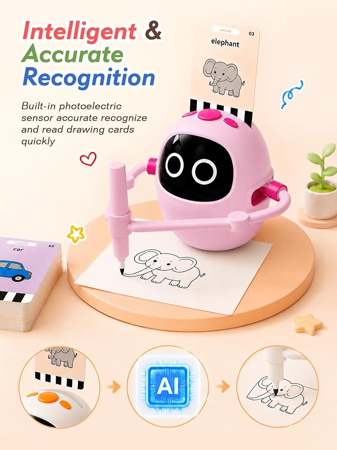 Drawing Robot Toys for Kids, 220 Flash Cards Gift for 3-8 Years Old Boys Girls, Montessori Doodle Art Painting with Voice Interactive for Beginners, Birthday (Pink)