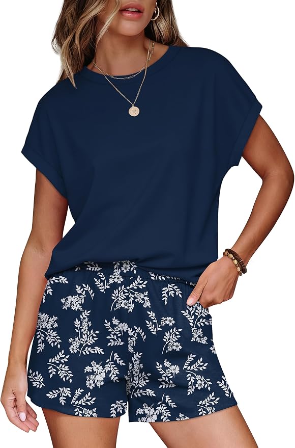WIHOLL Two Piece Sets for Women Summer Lounge Short Sets Cap Sleeve Crew Neck Sweatsuit with Pocket XS-2XL