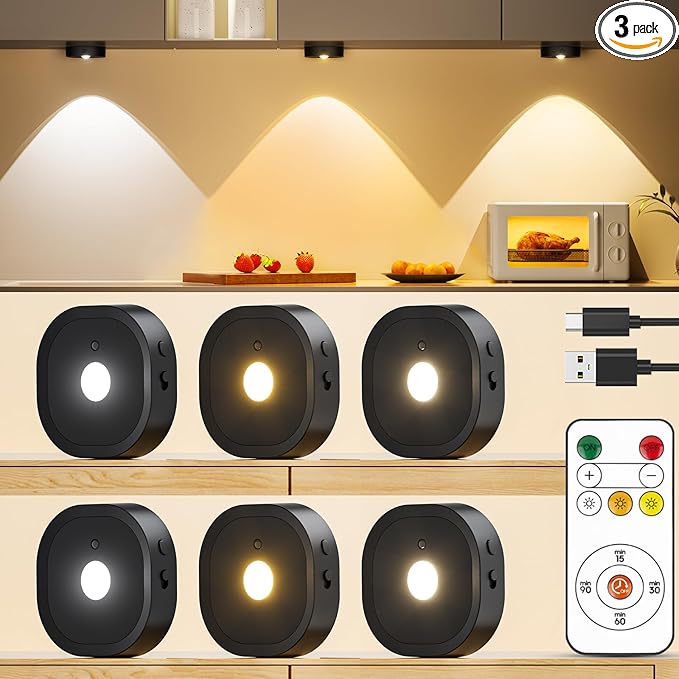 Puck Lights with Remote, Rechargeable Battery Touch Push lights, 3 Colors Led Under Cabinet Lighting, 1500mAh Wireless Tap light, Stick on Closet Light for Kitchen, Pantry, Shelves (Black 6 Pack)