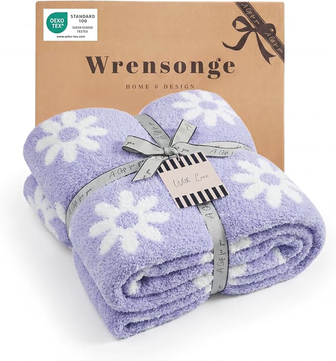 Soft Throw Blanket for Couch-Cozy Reversible Knitted Blankets | Lightweight Warm Fluffy Decor for Women, Mom, Her & Girls, Sofa, Chair, Bed, 50x60in,Daisy Floral Purple