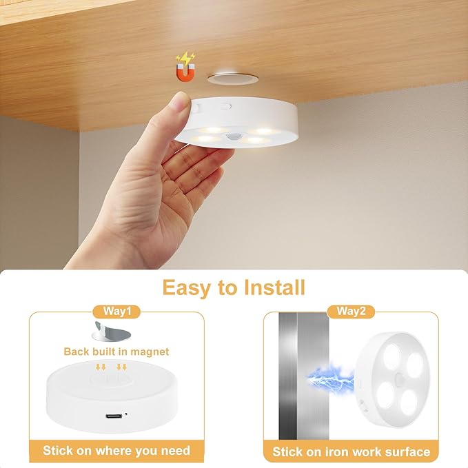 RGB Puck Lights with Remote & Motion Sensor – 1500mAh Rechargeable Under Cabinet Lighting for Kitchen, Closet & Stairs – 13 Colors, Magnetic Stick-On Lights, 6 Pack