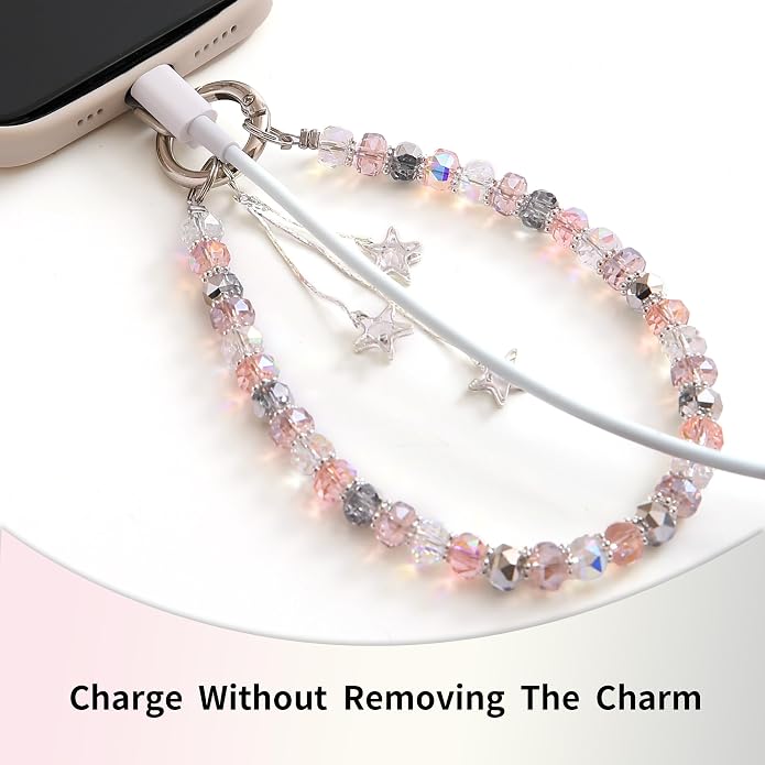 Phone Charm with Beaded Crystals, Anti-Theft Phone Strap, Hands-Free & Detachable Cellphone Lanyard, Cellphone Chain Wristlet with Tether Tab