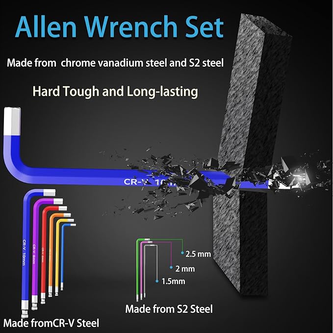 9PCS Allen Wrench Set 1.5-10mm Long Ball End Hex Key Set Cr-V Metric Allen Key Hexagonal Assortment