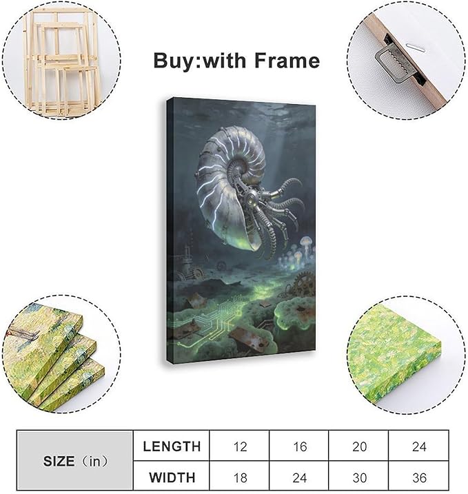 Framed Steampunk Mechanical Nautilus Wall Art - Underwater Industrial Poster for Man Cave Studio Decor 16x24inch(40x60cm)