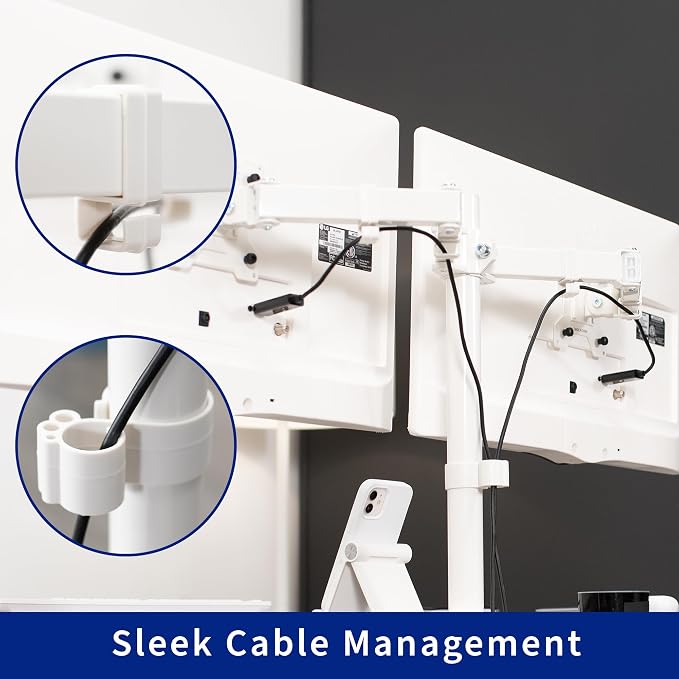 VIVO Dual Monitor Desk Stand for 13 to 32 inch Screens, STAND-V002FGW | Articulating, Freestanding Adjustable Monitor Arm, White with Glass Base, Computer Stand for 2 Monitors, Holds 22 lbs Each