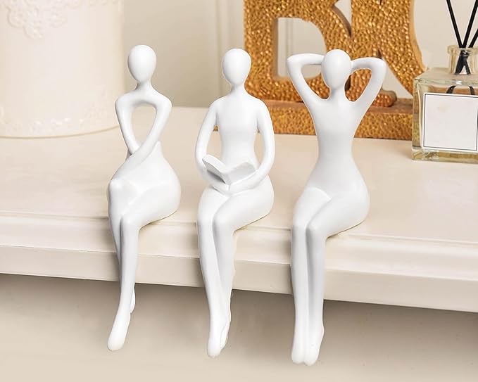 Quoowiit White Thinker Statue Unique Ornament Sculpture, Art Modern Home Decor Accents Bookshelf Decor, Creative Table Decorations for Living Room Desk 3 Piece