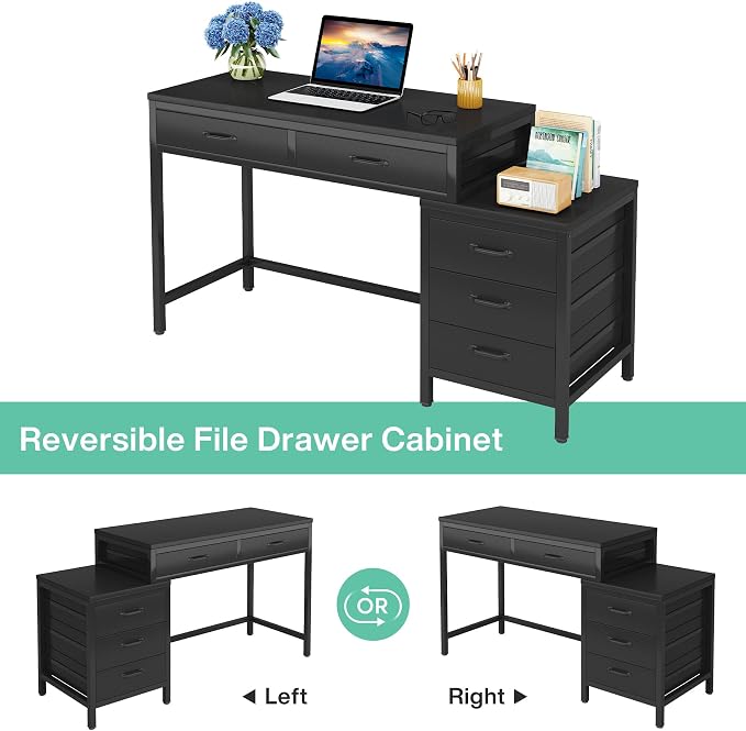 Tribesigns Computer Desk with 5 Drawers, Reversible Home Office Desks | Small Desk with Drawer Cabinet Printer Stand, PC Desk with Storage, Black Study Writing Table Workstation for Small Spaces