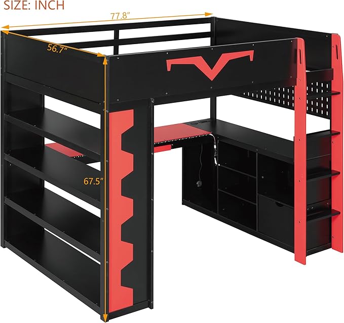 Full Size Gaming Loft Bed with Integrated Desk & RGB LED Lights,Bunk Bed with Power Outlet, Large Bookshelf, Pegboard, Keyboard Tray & Drawer (Red-Bo, Full)