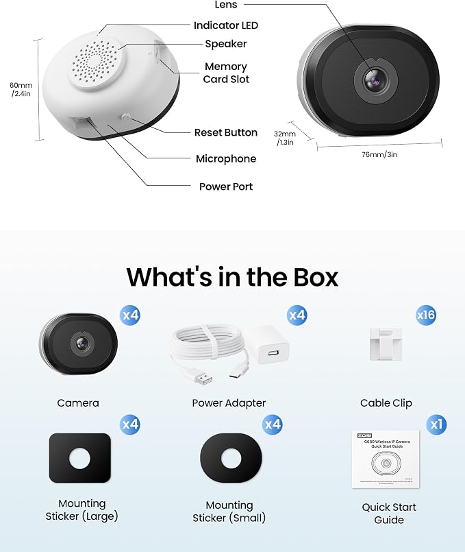 ZOSI 4 x C680 2K Window Security Camera with Full Color Night Vision, 3MP Indoor Plug-in WiFi Camera for Home Security, Human Vehicle Detection, 2.4/5GHz WiFi, 24/7 Recording, Easy & Quick Install