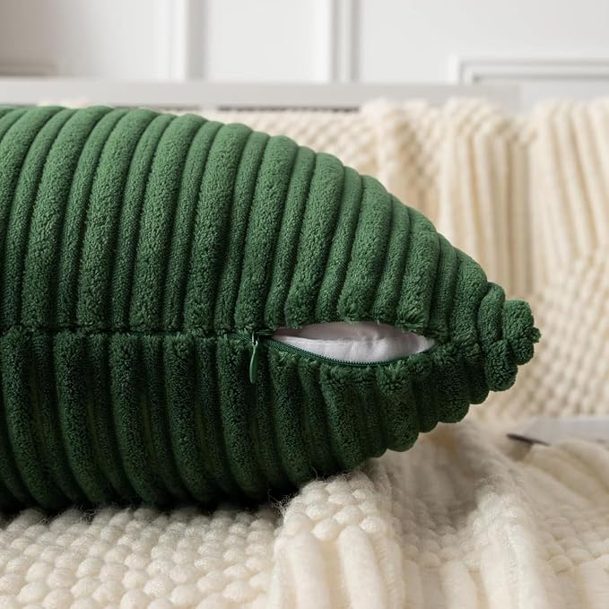 UGASA 14x24 Inch Christmas Pillow Cover Pack of 1 Soft Boho Stripe Corduroy Long Rectangle Lumbar Cushion Case Farmhouse Decorative Pilowcase for Bed Couch Sofa Bedroom, Christmas Green