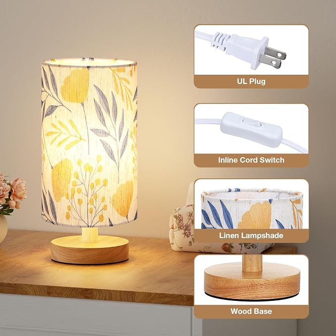 Fenmzee Small Table Lamps (Ginkgo Cream Shade, 9" Inline Control) | 3000K LED Blub Included | 680 Lumens | Easy Assembly | Minimalist Design | E26 | for Kitchen | for Kids Room