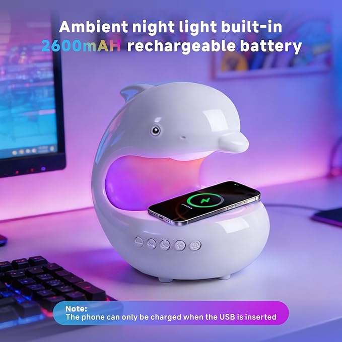 Smart LED Night Light with Bluetooth Speaker, Rechargeable Table Lamp with 15W Wireless Charging | 4 Lighting Modes | Timing | Dimmable Atmosphere Lamp for Bedroom, Home Decor, Party, Office