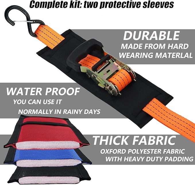 2 Pack Universal Tie Down Strap Protector Sleeve Ratchet Strap Protector Sleeve for Boat, Trailers, Jetski, Waverunner Black 4 x 12 Inches