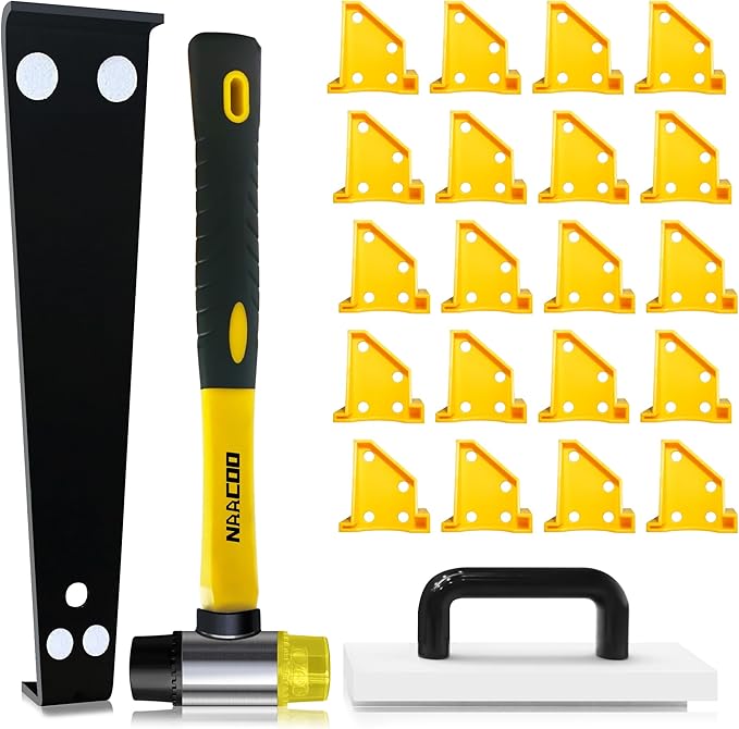 NAACOO Laminate Flooring Tools, Vinyl Flooring Tools, LVP Installation Kit, Tapping Block with Handle, 2 in 1 Spacers, Heavy Duty Pull Bar, Reinforced Double-Faced Mallet.