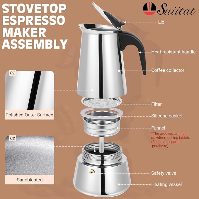 9 Cup Stainless Steel Moka Pot, 450ml Stovetop Espresso Maker, Silver