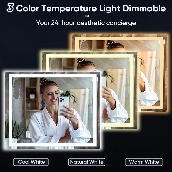 LED Bathroom Mirror, 40"x30" with Frontlit and Backlit Anti-Fog Mirror with Lights LED Vanity Mirror for Bathroom 3 Colors Temperature & Dimmable Bathroom Mirror with HD Tempered Glass