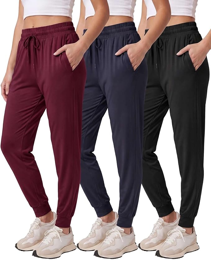 3 Pack Women's Lounge Joggers Sweatpant Active Athletic Yoga Workout Pocket | Available in Plus Size, Ladies Casual, Drawstring Gym Pants, Sleep Bottoms, Hiking, Running, Fitness, Exercise, Pajama, Soft