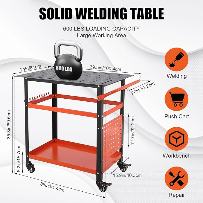 Heavy-Duty Welding Table with Wheels, 36"X24" Portable Welder Workbench with 5/8" Fixture Holes & Storage Panels for Shop & Workshop | Mobile Welding Station & Fabrication Table
