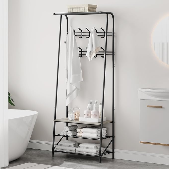 Coat Rack Hall Tree with Shoe Storage Bench, 4-in-1 Entryway Bench with 6 Hooks & 3-Tier Shoe Rack, Metal Frame for Entryways, Freestanding Coat Racks Storage for Entryway, Hallway, Front Door